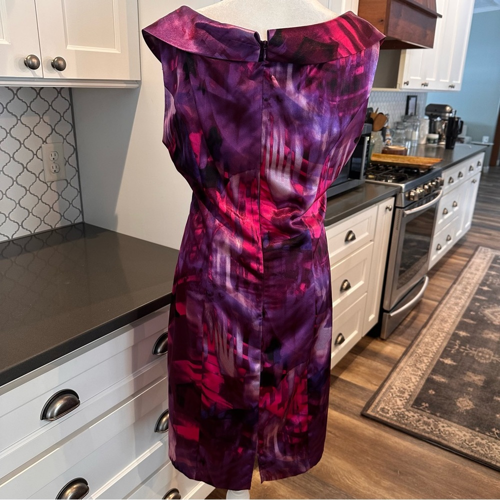 Connected Apparel Vibrant Purple Watercolor Satin A-Line Dress 12 Midi Formal - Picture 3 of 14